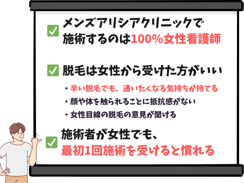 メンズアリシアクリニックの施術をするのは女性スタッフなのか？のまとめ
